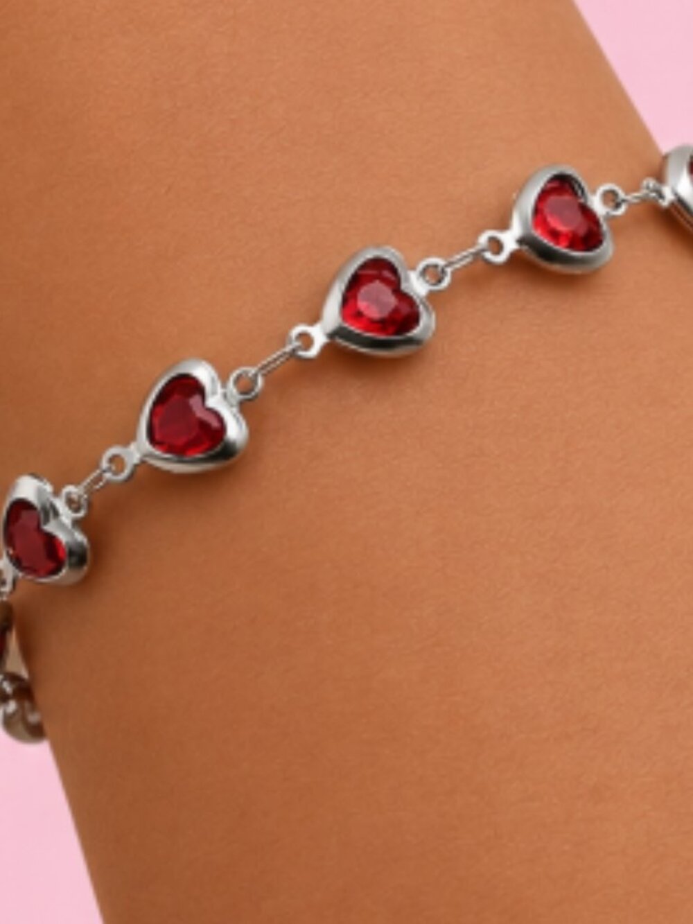 Dainty Heart Bracelet Silver Stainless Steel with Glass Heart Stones